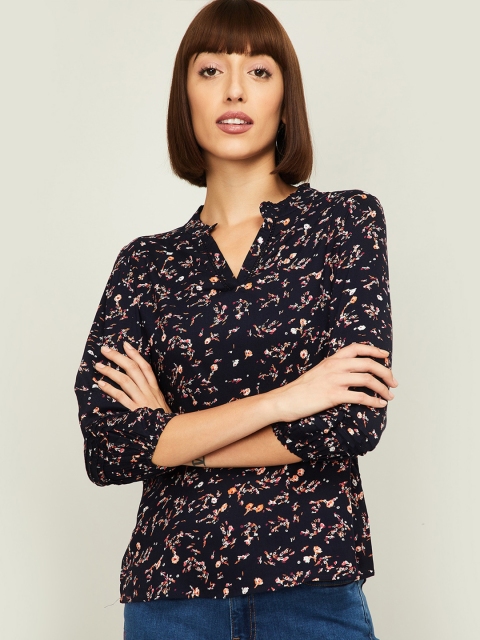 

Bossini Navy Blue Floral Mandarin Collar Shirt Style Top