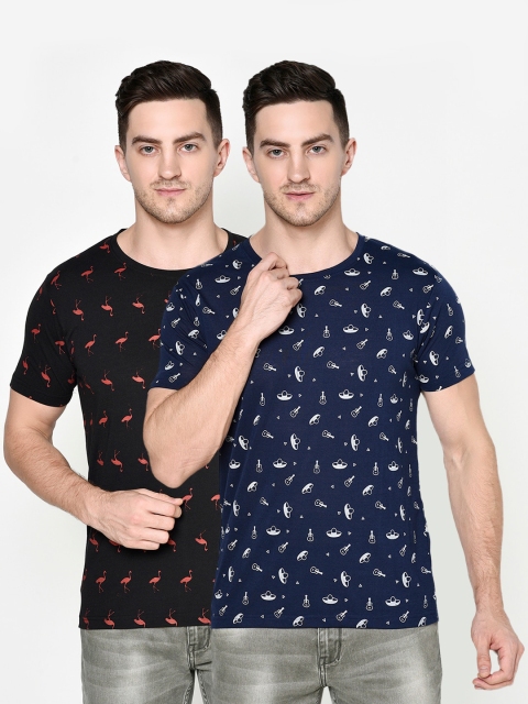 

ELEGANCE Men Pack Of 2 Navy Blue & Black Printed T-shirt