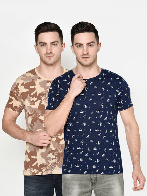 

ELEGANCE Men Brown & Navy Blue Set Of 2 Printed T-shirt