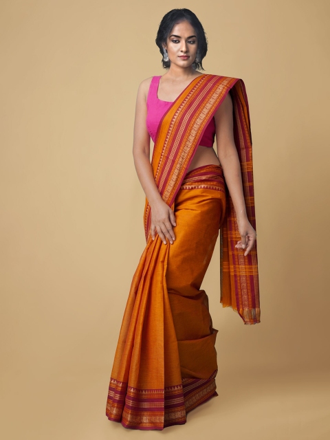 

Unnati Silks Orange & Red Pure Cotton Handloom Sustainable Chettinad Saree
