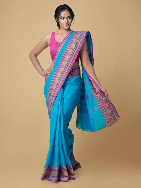 

Unnati Silks Blue & Pink Pure Cotton Sustainable Chettinad Saree