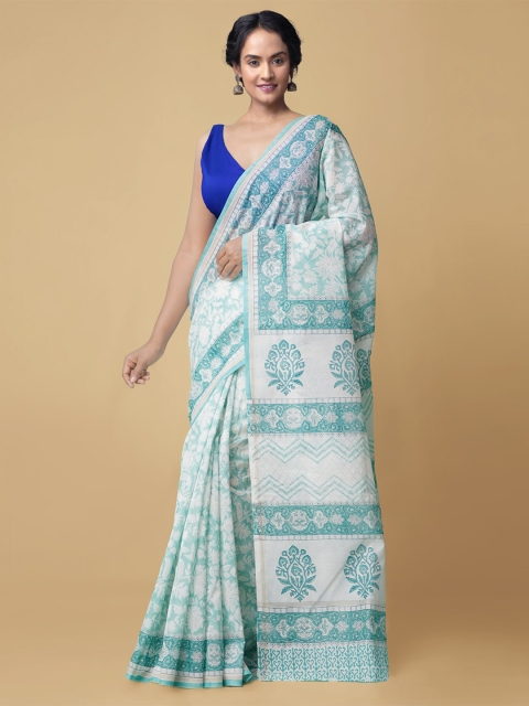 

Unnati Silks Off White & Blue Block Printed Silk Cotton Chanderi Sustainable Saree