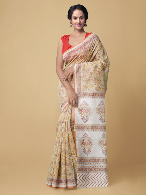 

Unnati Silks Women Yellow & Brown Pure Block Printed Chanderi Sico Sustainable Saree