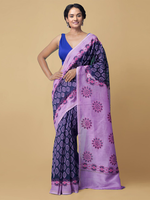 

Unnati Silks Navy Blue & Lavender Ethnic Motifs Zari Silk Sustainable Chanderi Saree