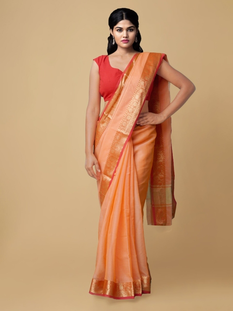 

Unnati Silks Peach-Coloured & Gold-Toned Striped Kota Saree