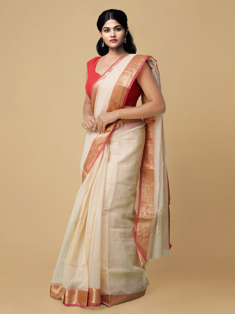 

Unnati Silks Cream-Coloured & Red Checked Zari Handloom Sustainable Kota Saree