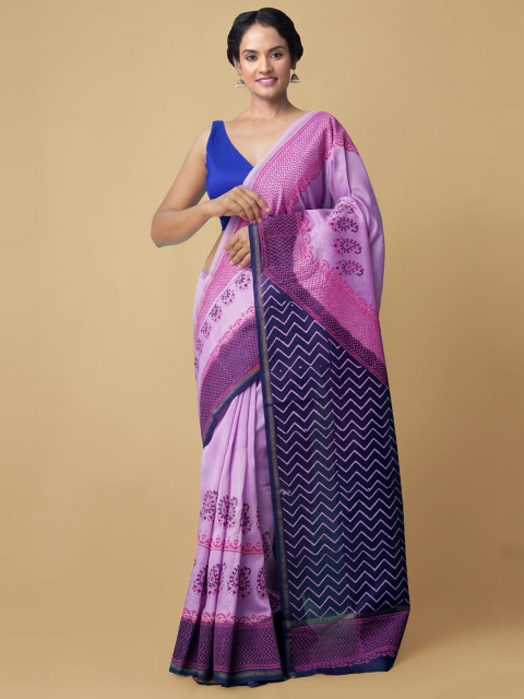 

Unnati Silks Lavender & Pink Ethnic Motifs Printed Silk Cotton Chanderi Saree