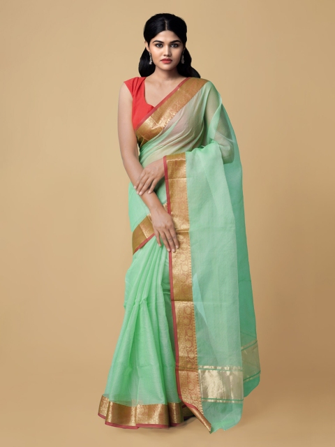 

Unnati Silks Green & Gold-Toned Checked Zari Kota Sustainable Saree