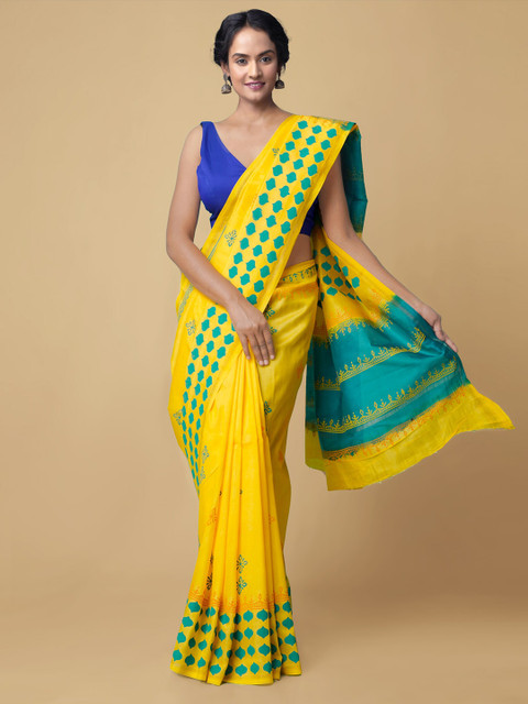 

Unnati Silks Women Yellow & Teal Pure Hand Block Printed Chanderi Sico Sustainable Saree