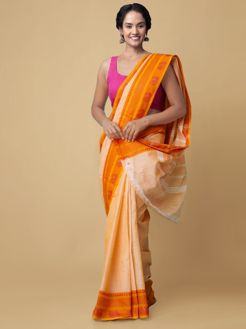 

Unnati Silks Peach-Coloured & Yellow Pure Cotton Chettinad Sustainable Saree