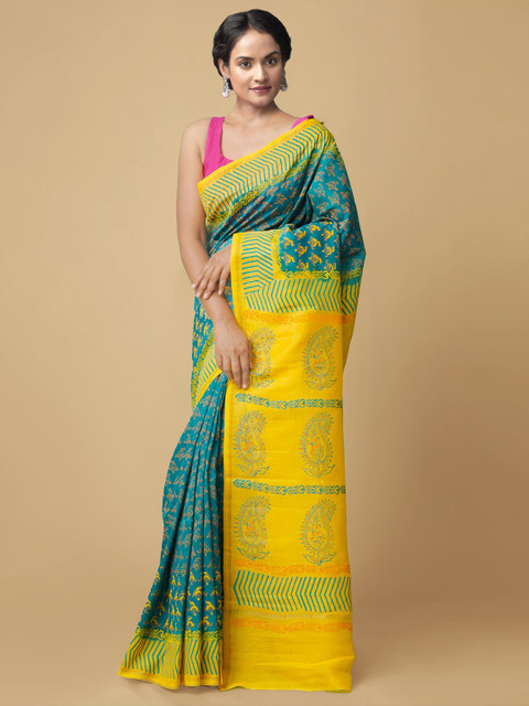 

Unnati Silks Green & Yellow Ethnic Motifs Printed Silk Cotton Chanderi Saree