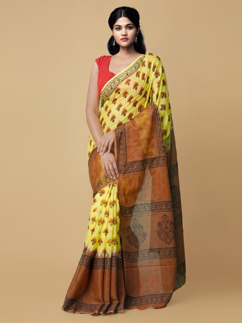 

Unnati Silks Yellow & Brown Ethnic Motifs Pure Cotton Kota Sustainable Saree