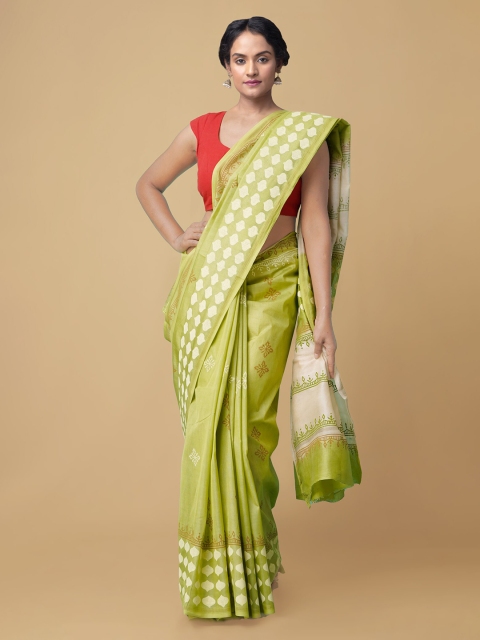 

Unnati Silks Women Green & Off white Pure Hand Block Printed Chanderi Sico Sustainable Saree