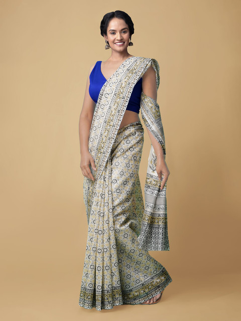 

Unnati Silks Women Cream-Coloured & Yellow Pure Block Printed Chanderi Sico Saree