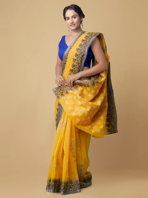 

Unnati Silks Yellow & Silver-Toned Floral Supernet Kota Saree