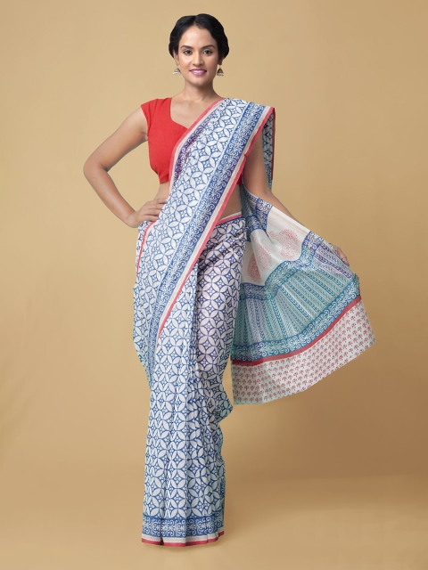 

Unnati Silks Women White & Blue Pure Block Printed Chanderi Sico Sustainable Saree