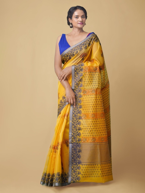 

Unnati Silks Orange & Blue Ethnic Motifs Zari Supernet Kota Sustainable Saree