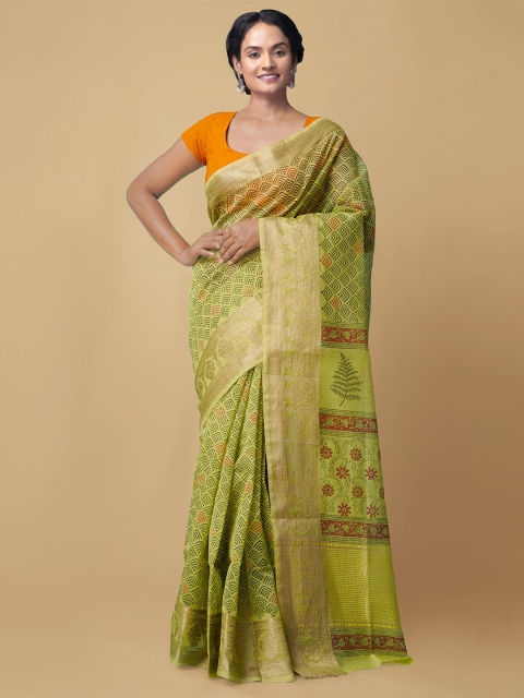 

Unnati Silks Women Green & Gold-Toned Pure Summer Supernet Sustainable Saree