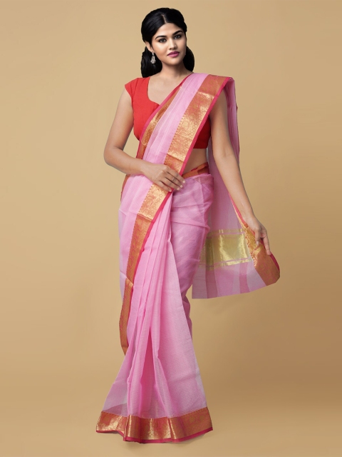 

Unnati Silks Pink & Red Checked Zari Kota Banarasi Sustainable Saree