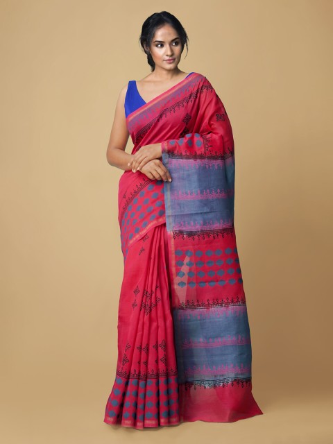 

Unnati Silks Red & Blue Ethnic Motifs Zari Silk Cotton Chanderi Saree