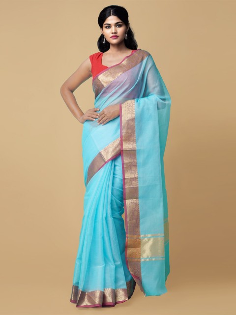 

Unnati Silks Turquoise Blue & Pink Woven Design Zari Kota Sustainable Saree