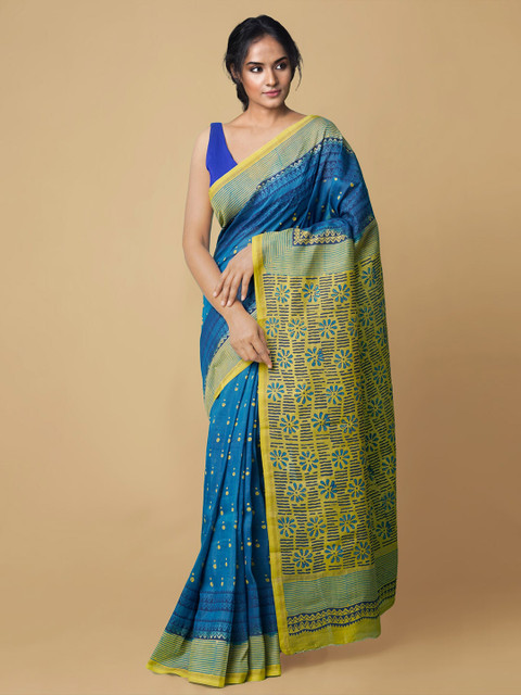 

Unnati Silks Turquoise Blue & Yellow Printed Silk Cotton Chanderi Sustainable Saree