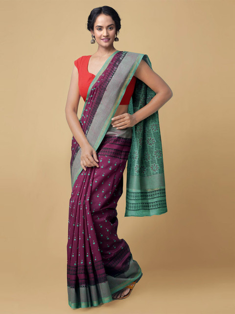 

Unnati Silks Maroon & Green Silk Cotton Handloom Sustainable Chanderi Saree