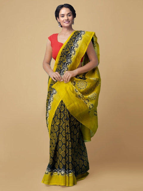 

Unnati Silks Women Black Pure Hand Block Printed Chanderi Sico Sustainable Saree