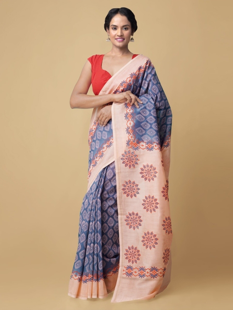 

Unnati Silks Blue & Peach-Coloured Ethnic Motifs Silk Cotton Chanderi Saree