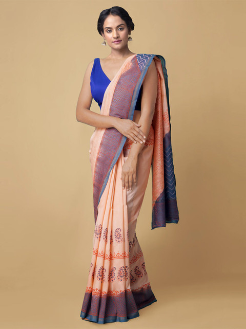 

Unnati Silks Women Orange & Blue Pure Hand Block Printed Chanderi Sico Saree