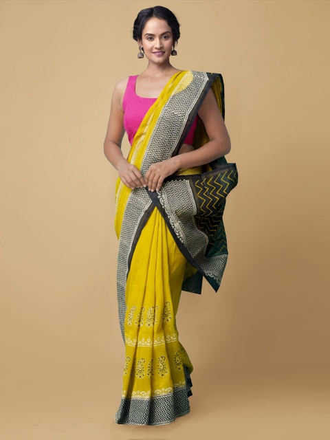 

Unnati Silks Yellow & Black Hand Block Printed Silk Cotton Sustainable Chanderi Saree