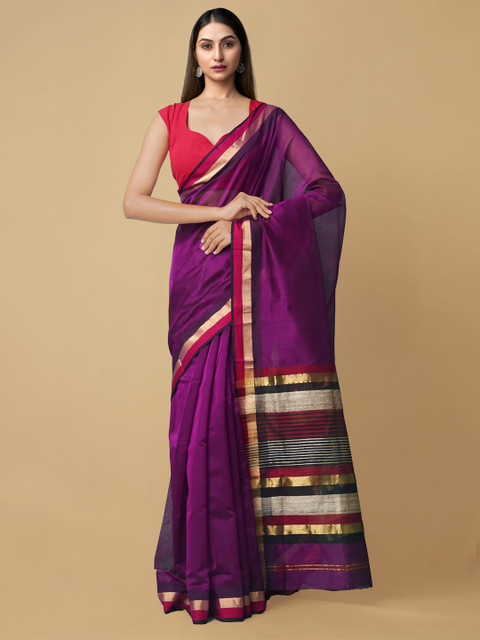 

Unnati Silks Purple & Red Zari Silk Pure Handloom Cotton Sustainable Maheshwari Saree