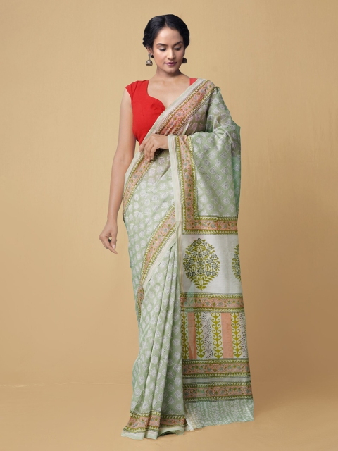 

Unnati Silks Women Green & Peach-Coloured Pure Block Printed Chanderi Sico Saree