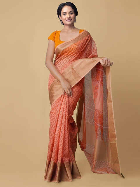 

Unnati Silks Red & Gold-Toned Handloom Sustainable Supernet Kota Saree
