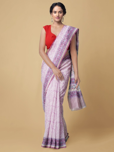 

Unnati Silks Women Pink & White Pure Block Printed Chanderi Sico Sustainable Saree