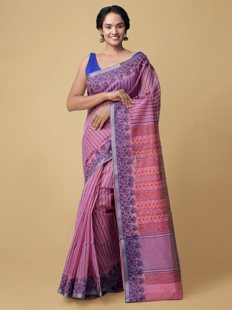

Unnati Silks Pink & Blue Printed Handloom Sustainable Supernet Kota Saree