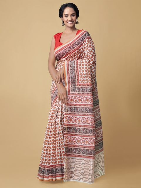 

Unnati Silks Women Off White & Brown Pure Block Printed Chanderi Sico Saree