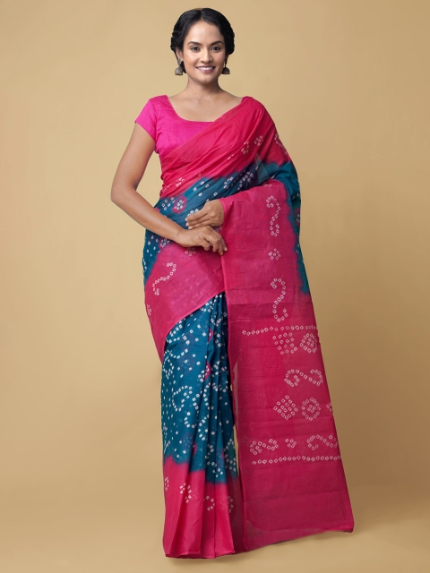 

Unnati Silks Teal Blue & Pink Bandhani Pure Cotton Handloom Sustainable Bandhani Saree