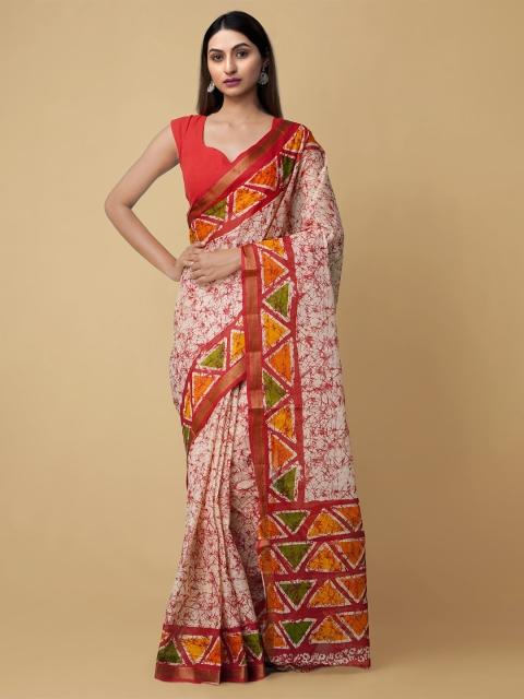 

Unnati Silks Off White & Red Batik Zari Pure Cotton Block Print Saree