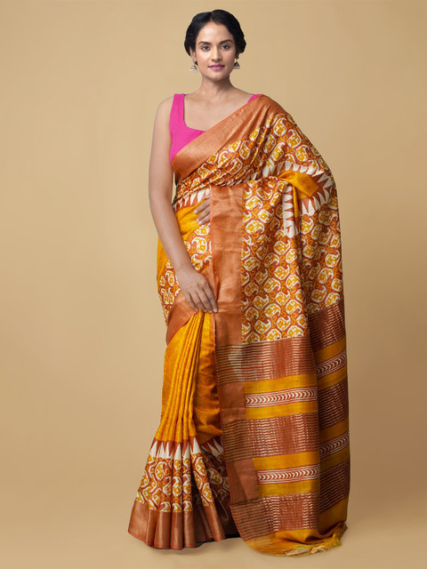 

Unnati Silks Yellow & Brown Ethnic Motifs Zari Pure Handloom Tussar Silk Sustainable Saree