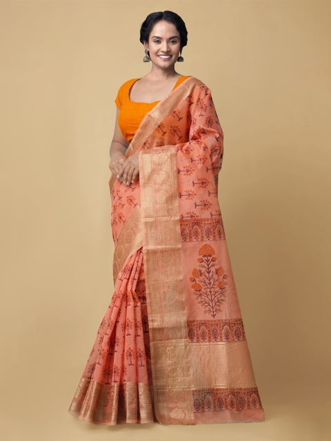 

Unnati Silks Red & Gold-Toned Ethnic Motifs Zari Handloom Sustainable Supernet Kota Saree