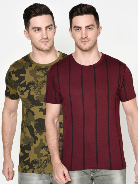 

ELEGANCE Men Set of 2 Maroon & Khaki Printed T-shirts