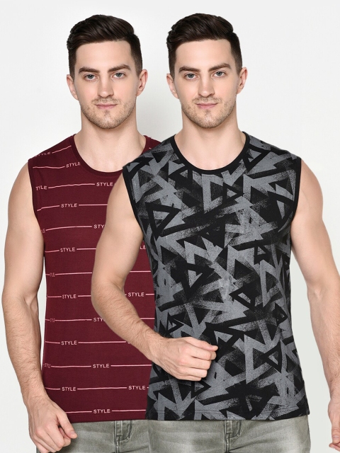 

ELEGANCE Men Set of 2 Maroon & Black Printed T-shirts