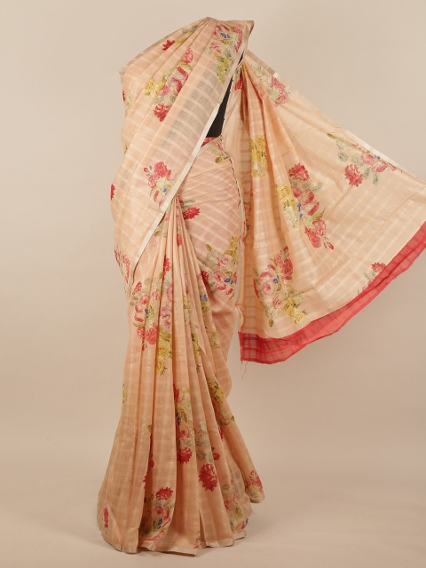 

Pothys Peach-Coloured & Red Floral Printed Jute Silk Saree