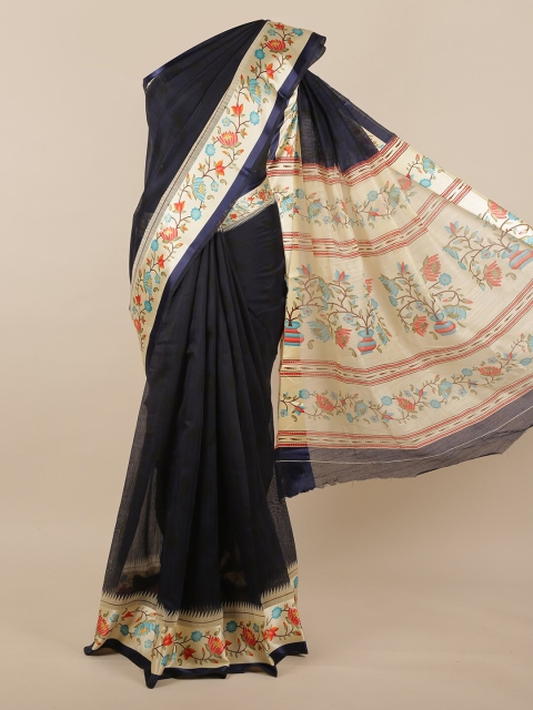 

Pothys Navy Blue & Cream-Coloured Floral Printed Jute Silk Saree