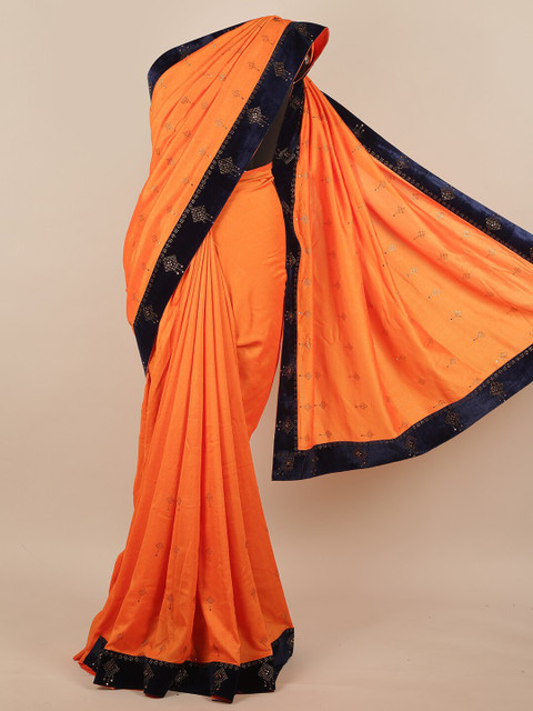 

Pothys Orange & Navy Blue Embellished Beads & Stones Jute Silk Saree