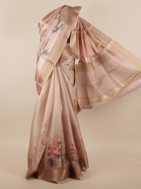 

Pothys Tan & Pink Floral Printed Jute Silk Saree
