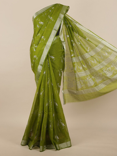 

Pothys Olive Green & Silver-Toned Jute Silk Saree