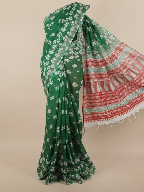 

Pothys Green & White Floral Printed Jute Silk Saree