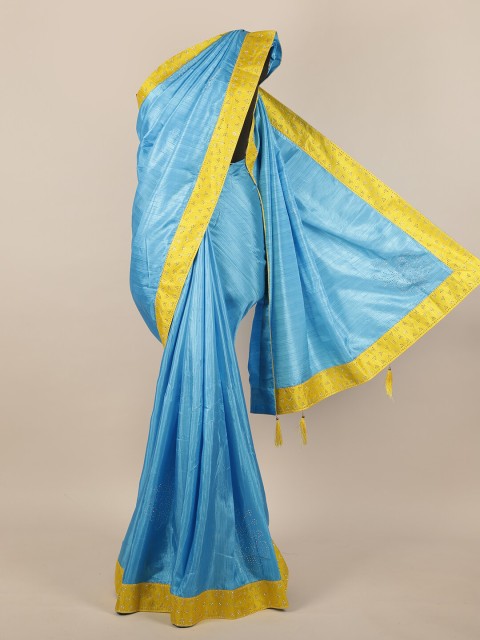 

Pothys Blue & Yellow Striped Embellished Jute Silk Saree